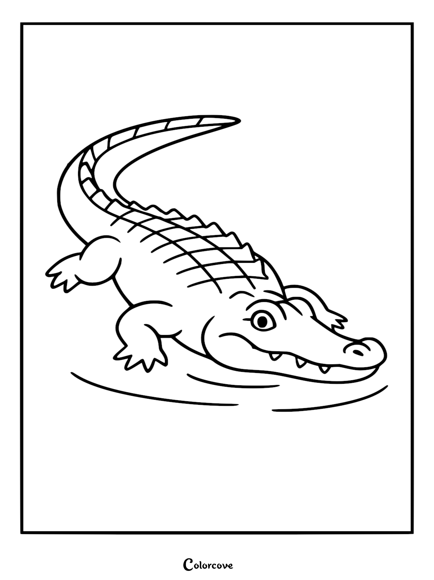A friendly alligator with a curved tail and textured back scales resting in shallow water, featured in a simple line art coloring page.