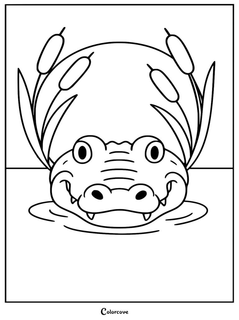 Un lindo Caimán asomándose fuera del agua rodeado de Espadañas en esta página para colorear.