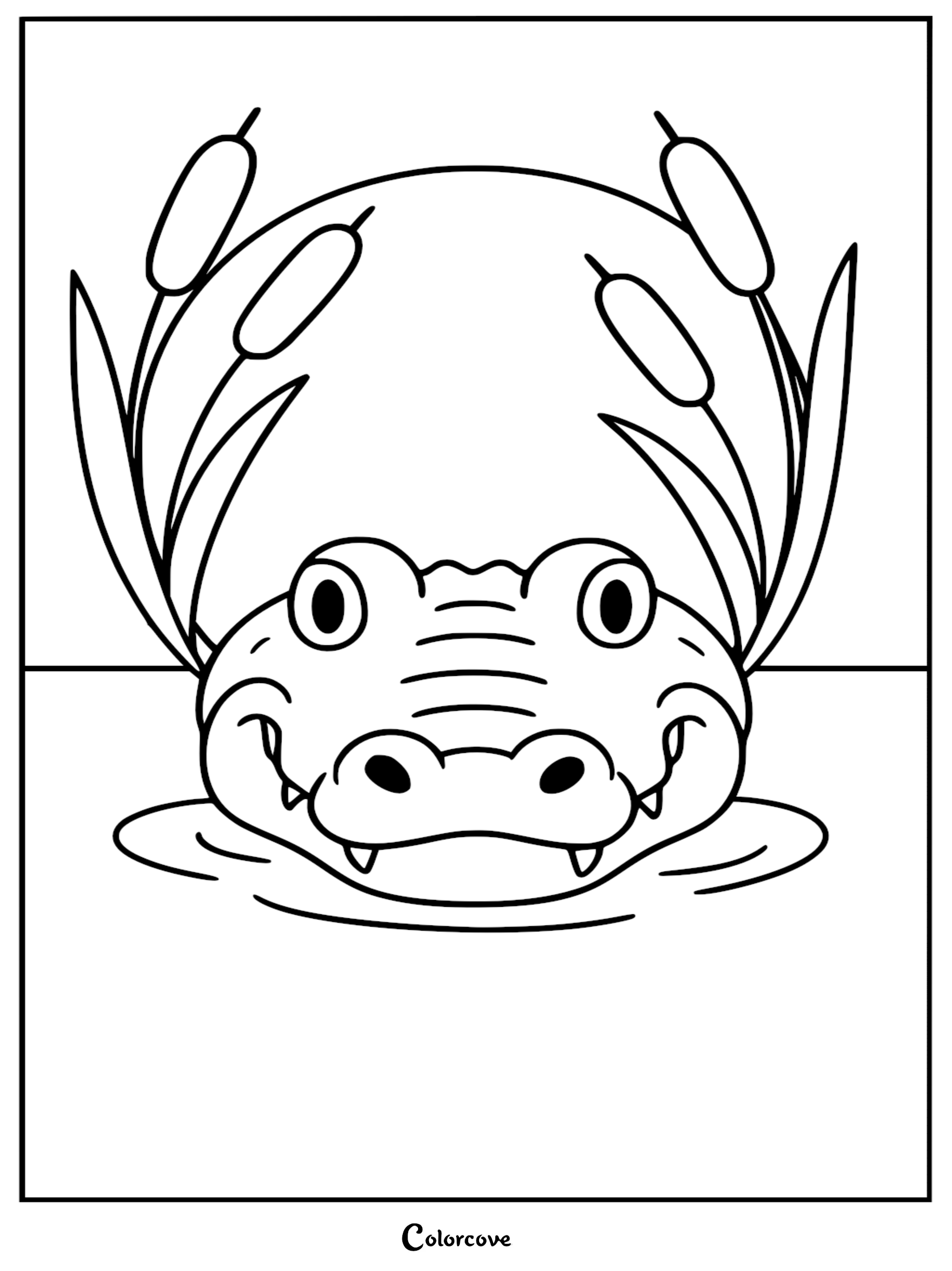 A cute alligator peeking out of the water surrounded by cattails in this printable coloring page.