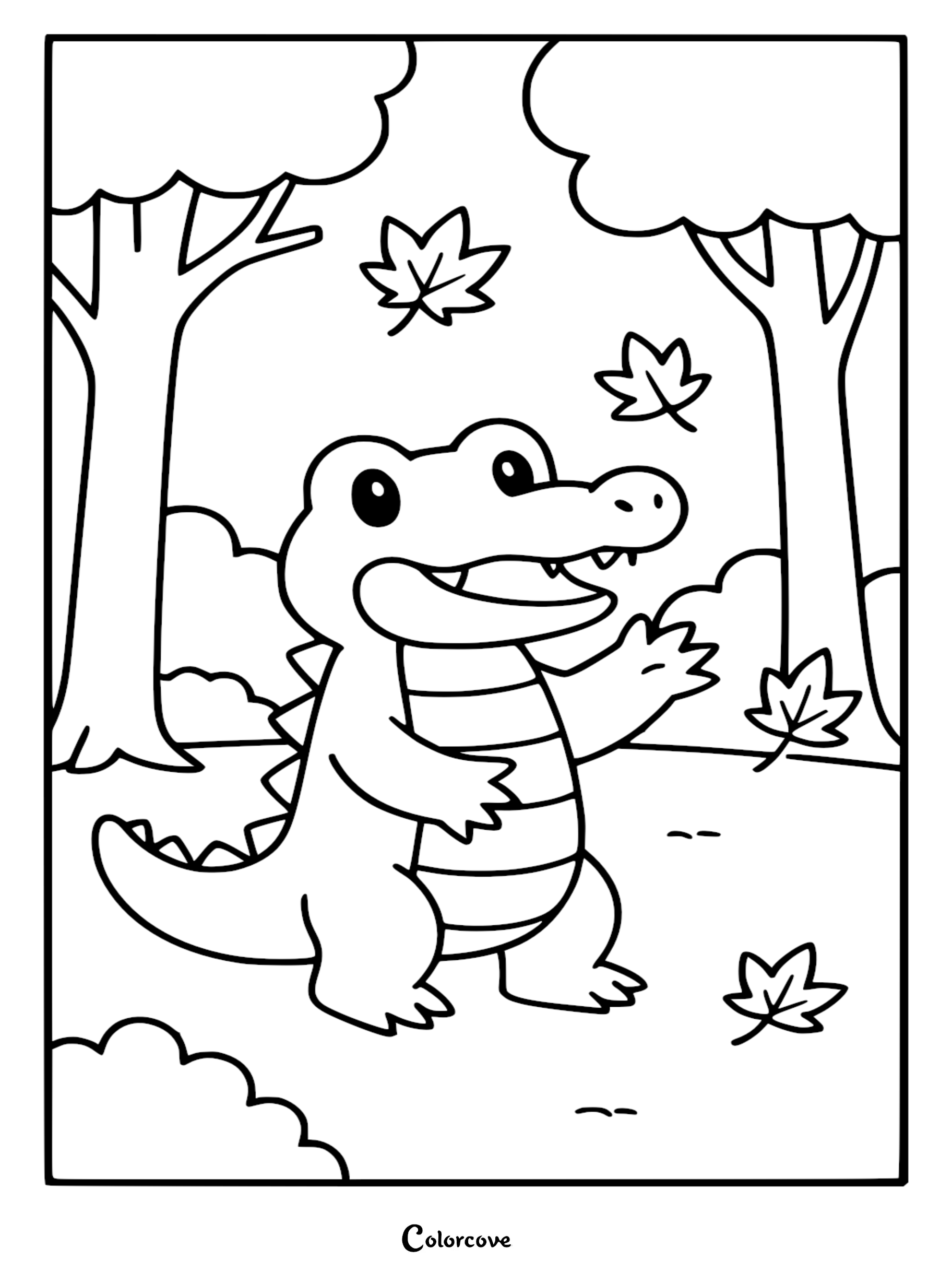 A cute alligator waving in a forest with falling maple leaves in this printable coloring page.