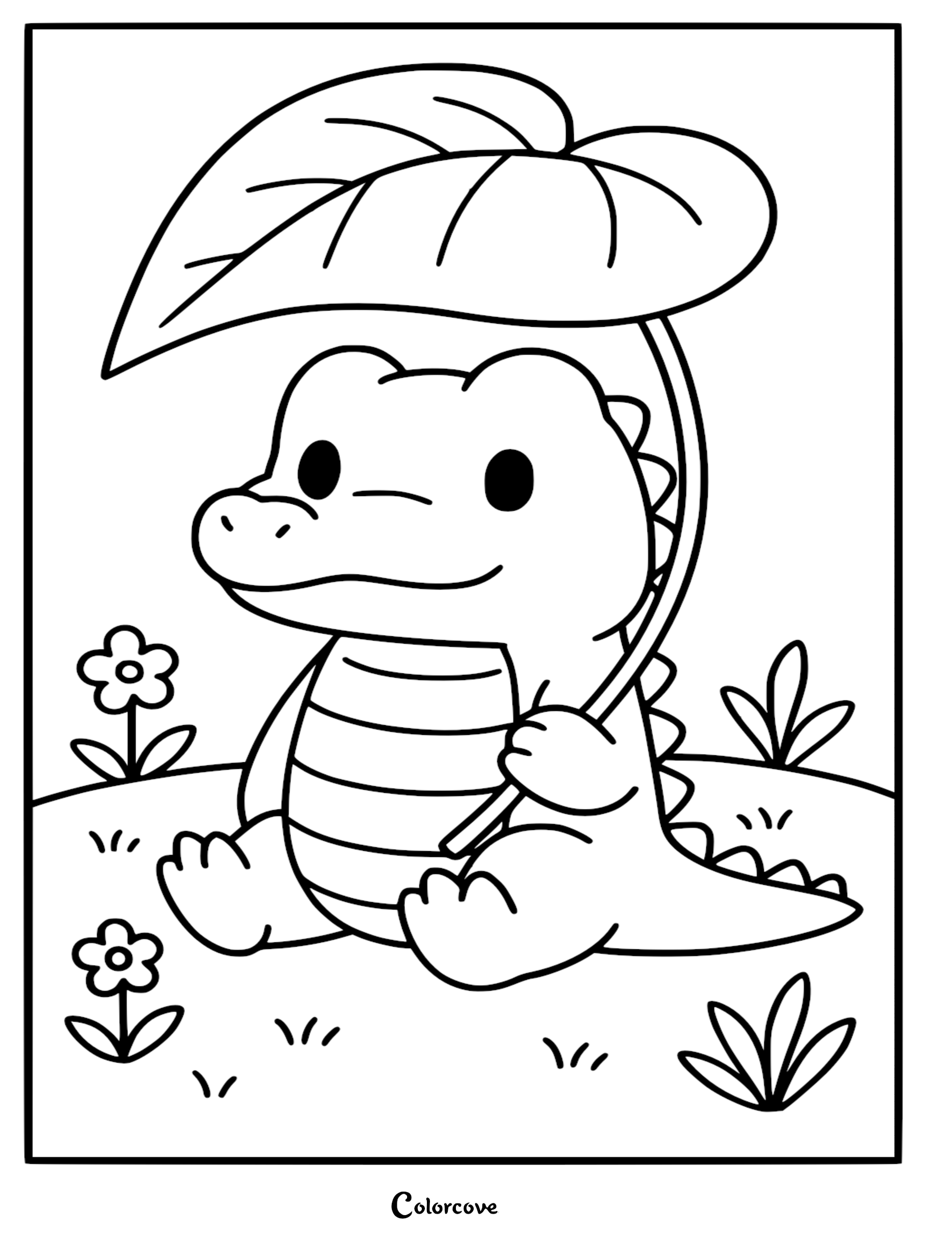 A cute alligator sitting in a grassy meadow holding a large leaf as an umbrella, coloring page style line art.