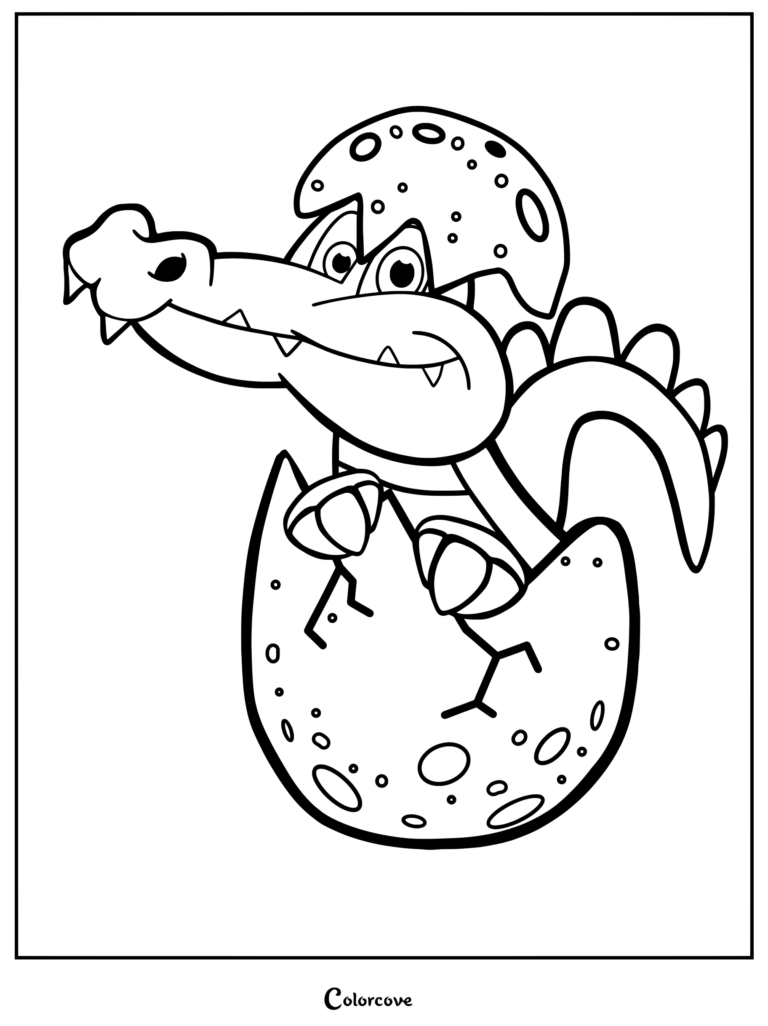 Un lindo caimán usando un sombrero de cáscara de huevo mientras sale de un huevo manchado en esta página para colorear imprimible.