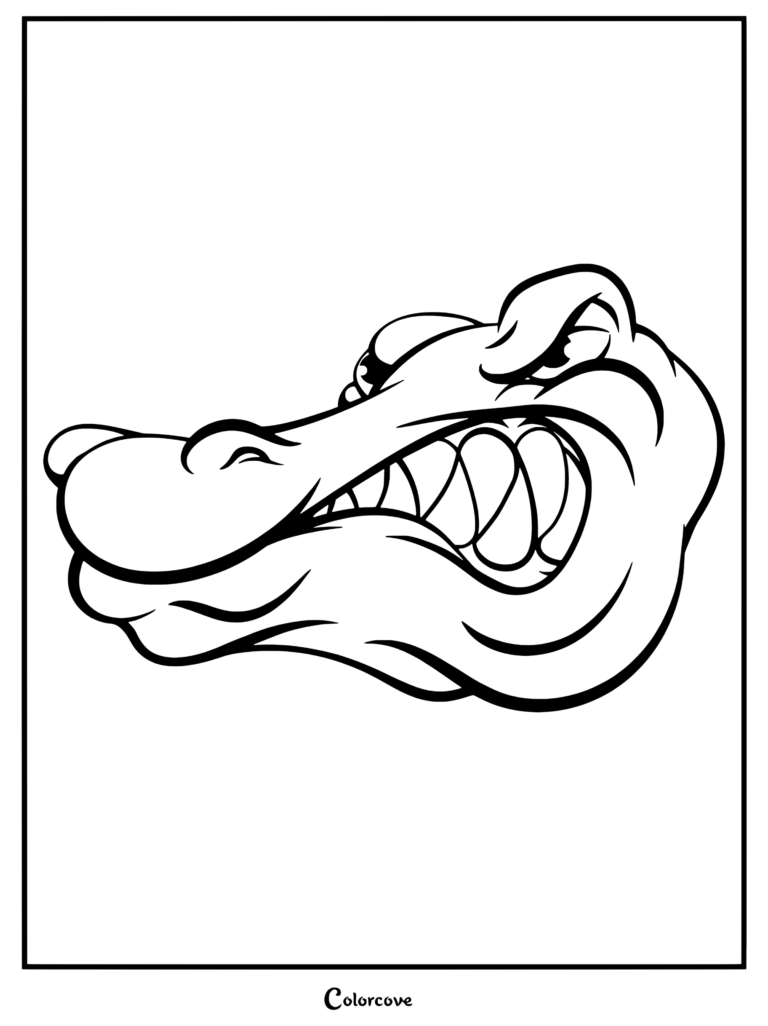 Una página para colorear de arte lineal en primer plano de la cabeza de un caimán enojado con dientes afilados y una expresión de gruñido.