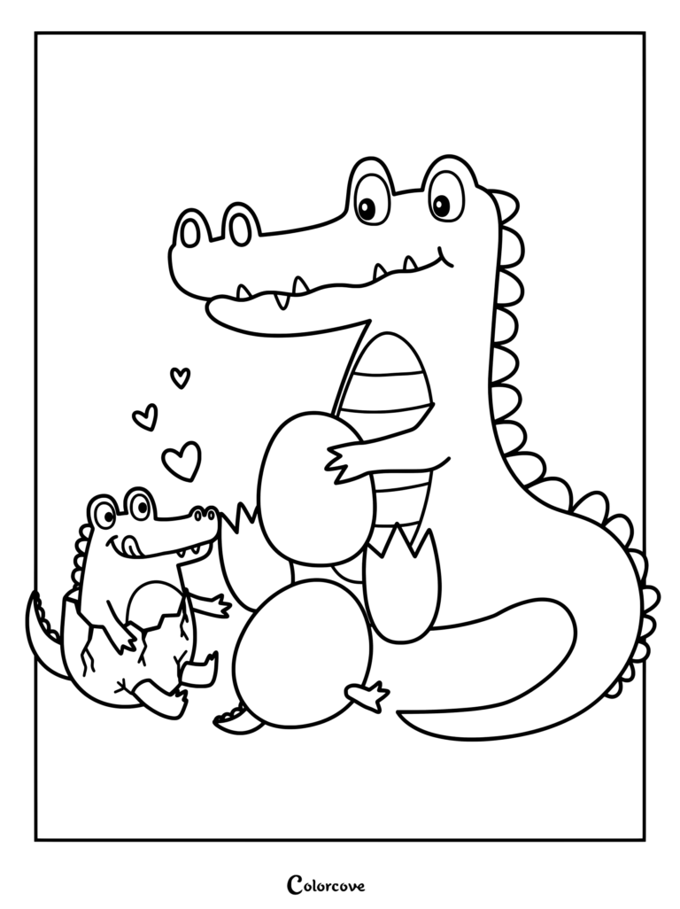 Una linda madre caimán sosteniendo un huevo junto a un bebé caimán saliendo del cascarón, estilo de arte lineal para colorear.