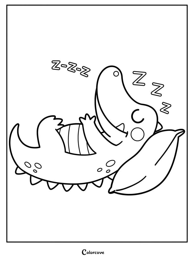 Un lindo Caimán durmiendo sobre una almohada suave con burbujas de texto Zzz en esta página para colorear.