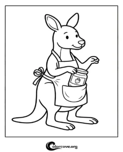 A cute kangaroo wearing an apron and holding a jar of strawberry jam for kids to color