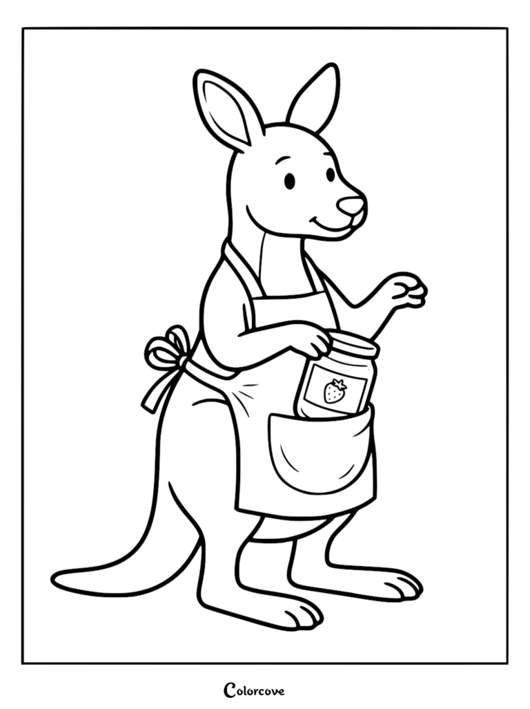 A cute kangaroo wearing an apron and holding a jar of strawberry jam in this printable coloring page.