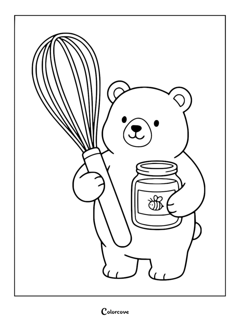 A cute bear holding a large kitchen whisk and a jar of honey with a bee label in this printable coloring page.