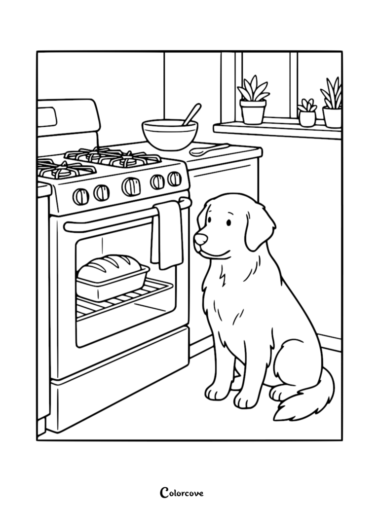A cute dog sitting in a kitchen watching a loaf of bread bake in the oven on this printable coloring page.