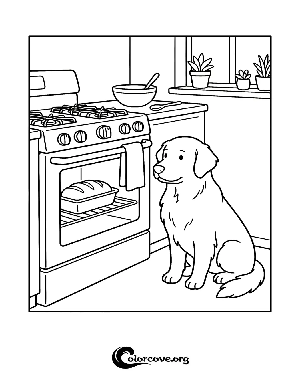 Bring this cozy kitchen scene to life with our free printable dog watching bread bake coloring page. It is a perfect creative activity for kids who love dogs and baking.