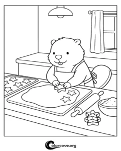 A cute bear wearing an apron and using a star-shaped cookie cutter on dough in a kitchen for a fun printable coloring page.
