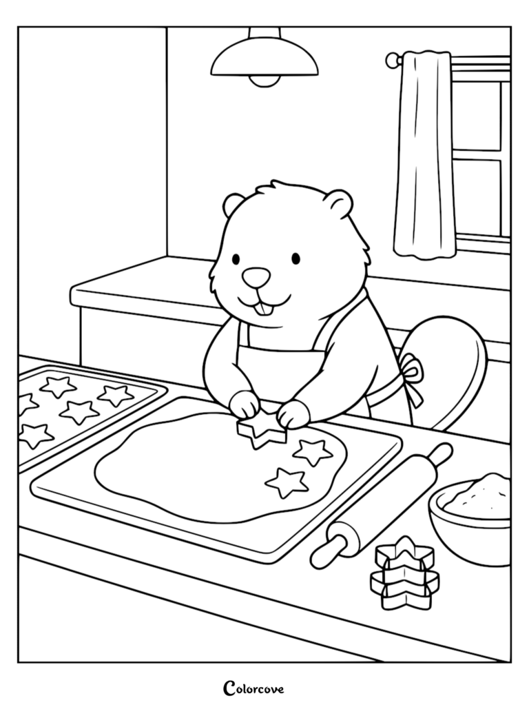 A cute animal wearing an apron using a star-shaped cookie cutter on dough in a kitchen coloring page.