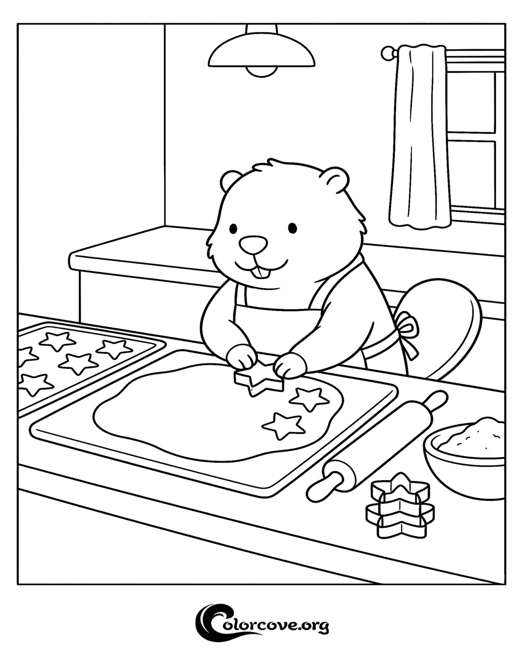 Spark your child's creativity with this adorable coloring page featuring a friendly bear baking star-shaped cookies. Download and print this fun kitchen-themed activity for free to keep kids entertained in seconds.