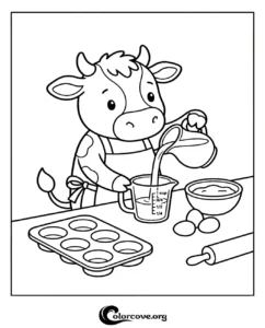 A cute cow wearing an apron baking in the kitchen by pouring milk into a measuring cup, free printable coloring page for children.