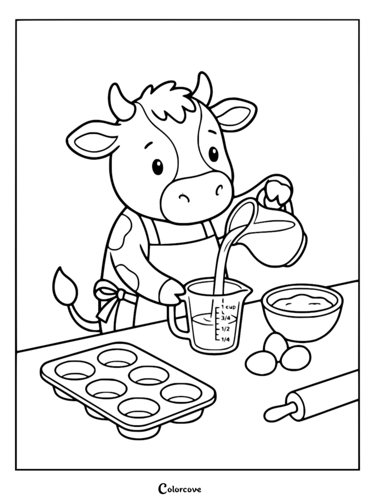 A cute cow wearing an apron pouring milk into a measuring cup on this printable cooking coloring page.