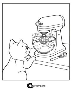 A cute cartoon cat watching a kitchen stand mixer whisking batter in a bowl, printable coloring page for kids and cat lovers.