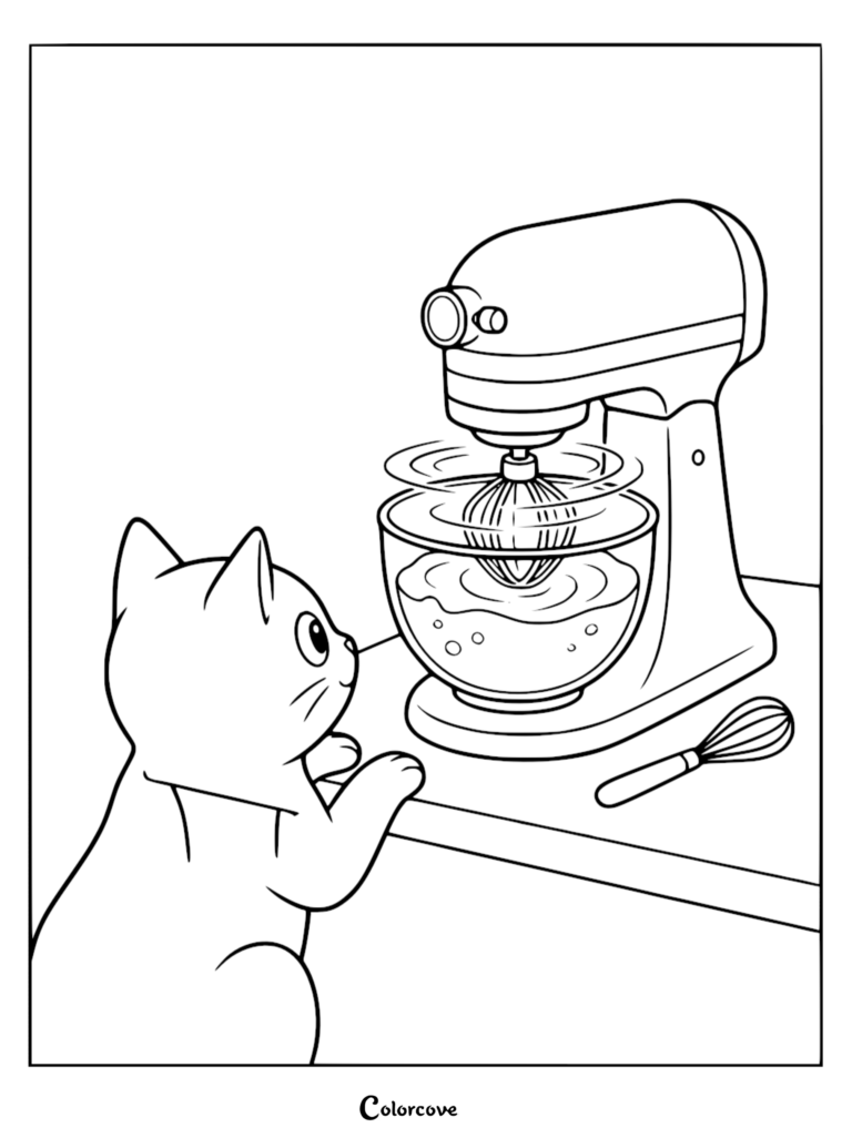 A cute cat watching a stand mixer blend ingredients in this printable coloring page.