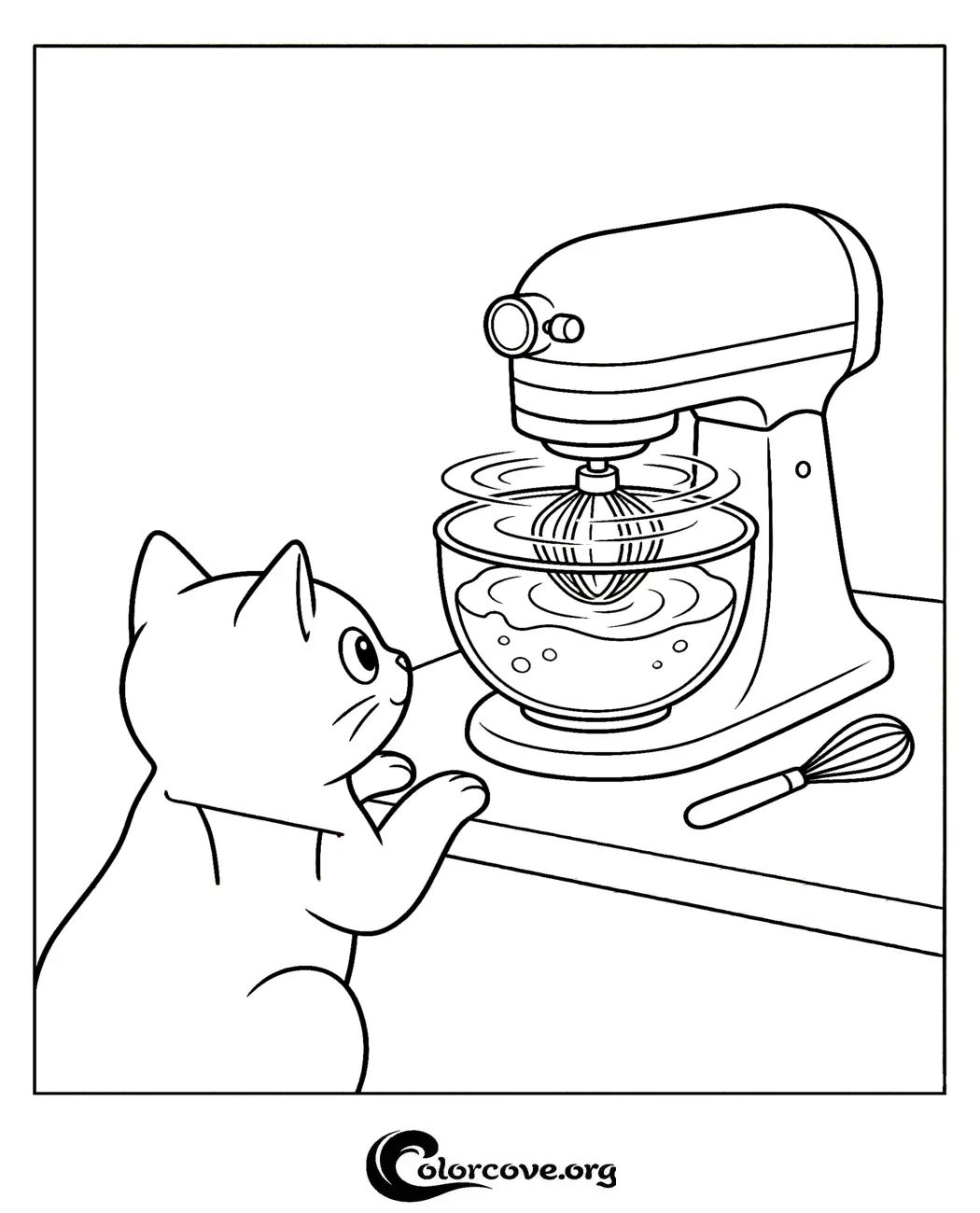 Download this adorable coloring page featuring a curious cat watching a stand mixer whip up a delicious treat. It is a perfect free, printable activity for kids who love baking and pets.