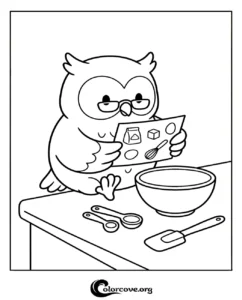 A cute owl wearing glasses reading a recipe card while baking in a kitchen, free printable coloring page for kids.