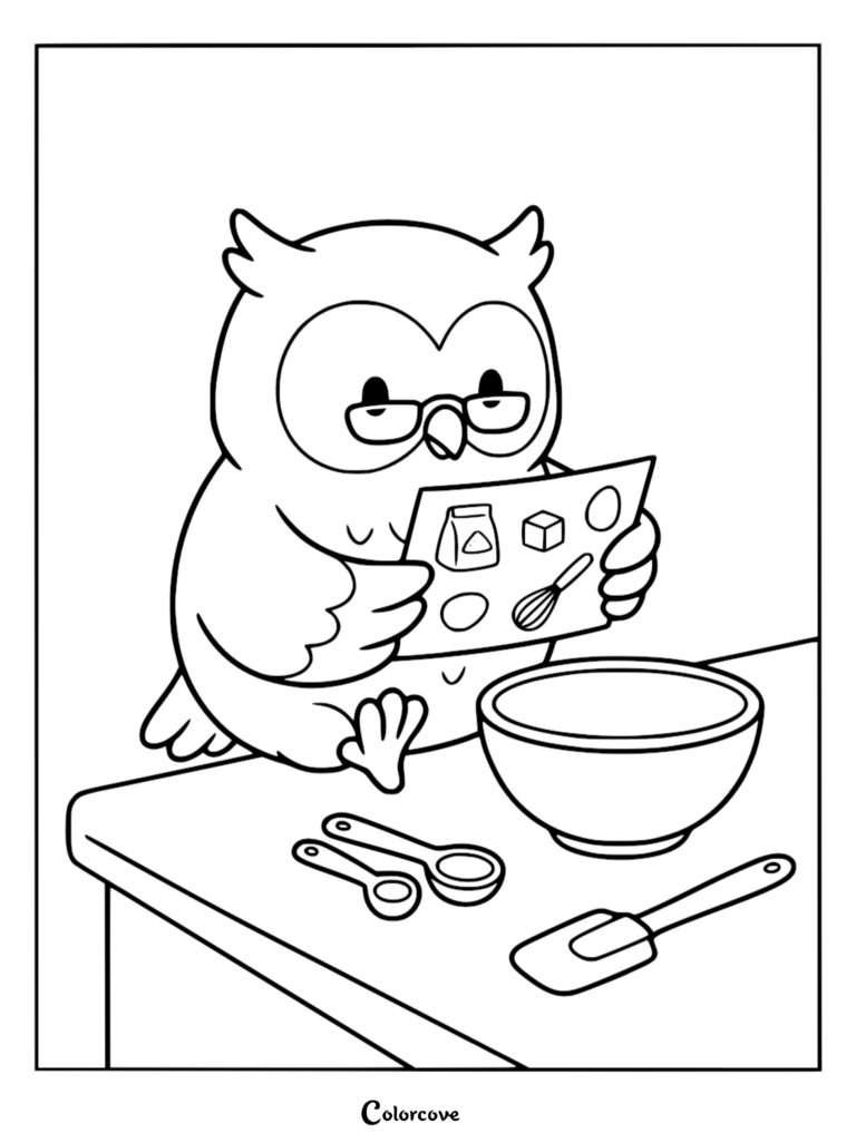 A cute owl wearing glasses reading a recipe card while preparing to bake, featured on a printable coloring page.
