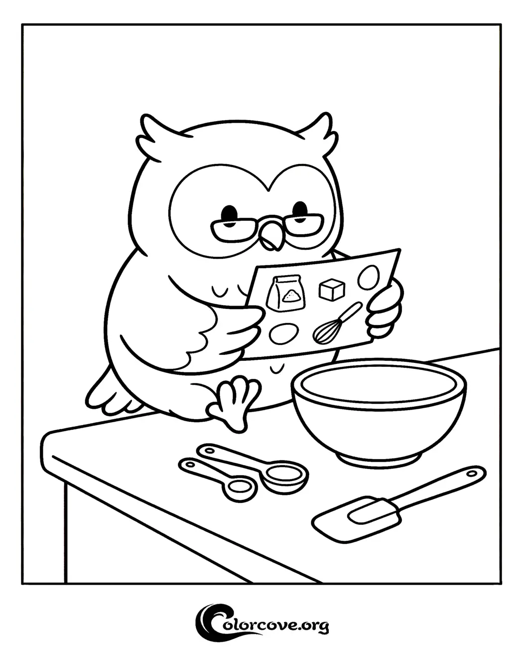 Download and print this adorable baking owl coloring page, perfect for kids who love animals and kitchen adventures. It features a studious owl preparing to bake with a bowl and utensils, ready for you to add color.