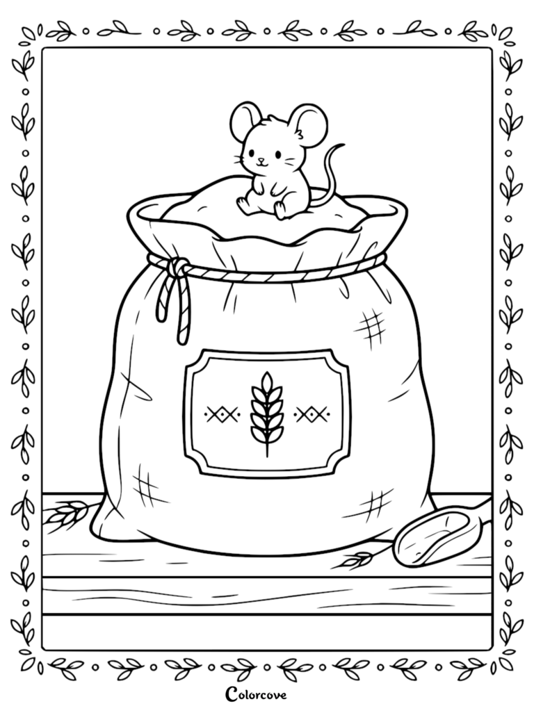 A cute mouse sitting on top of a large sack of flour in this printable coloring page.