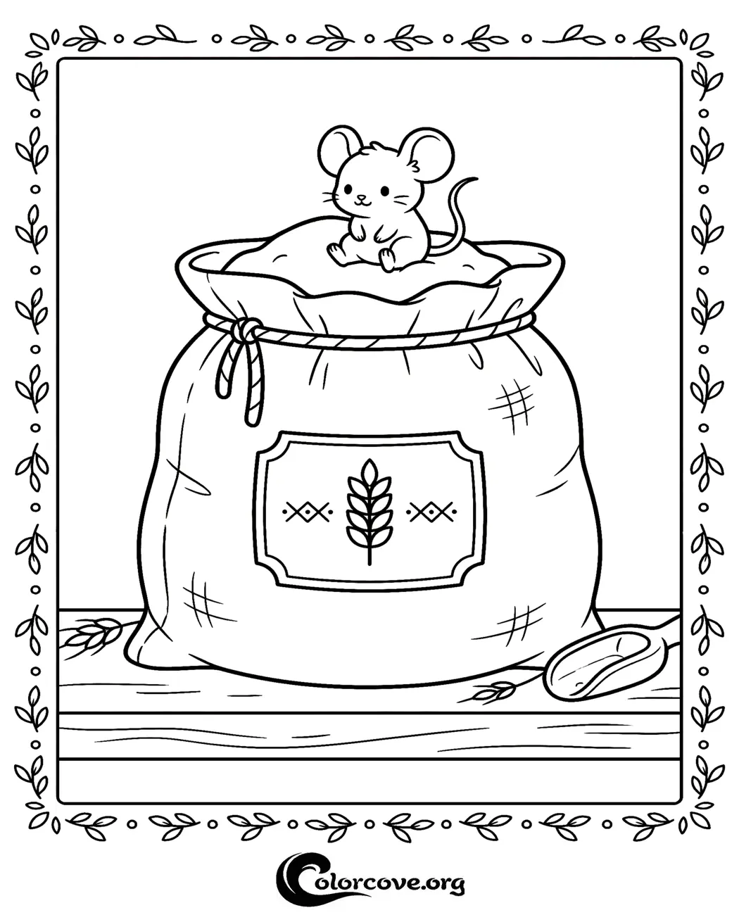 Bring this charming scene to life with our free, printable coloring page featuring a sweet little mouse perched on a sack of grain. Perfect for children and adults who love cute animals, this sheet is ready to print in seconds.