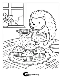 A cute hedgehog wearing an apron sifting sugar onto freshly baked muffins in a cozy kitchen setting, printable coloring page for children.