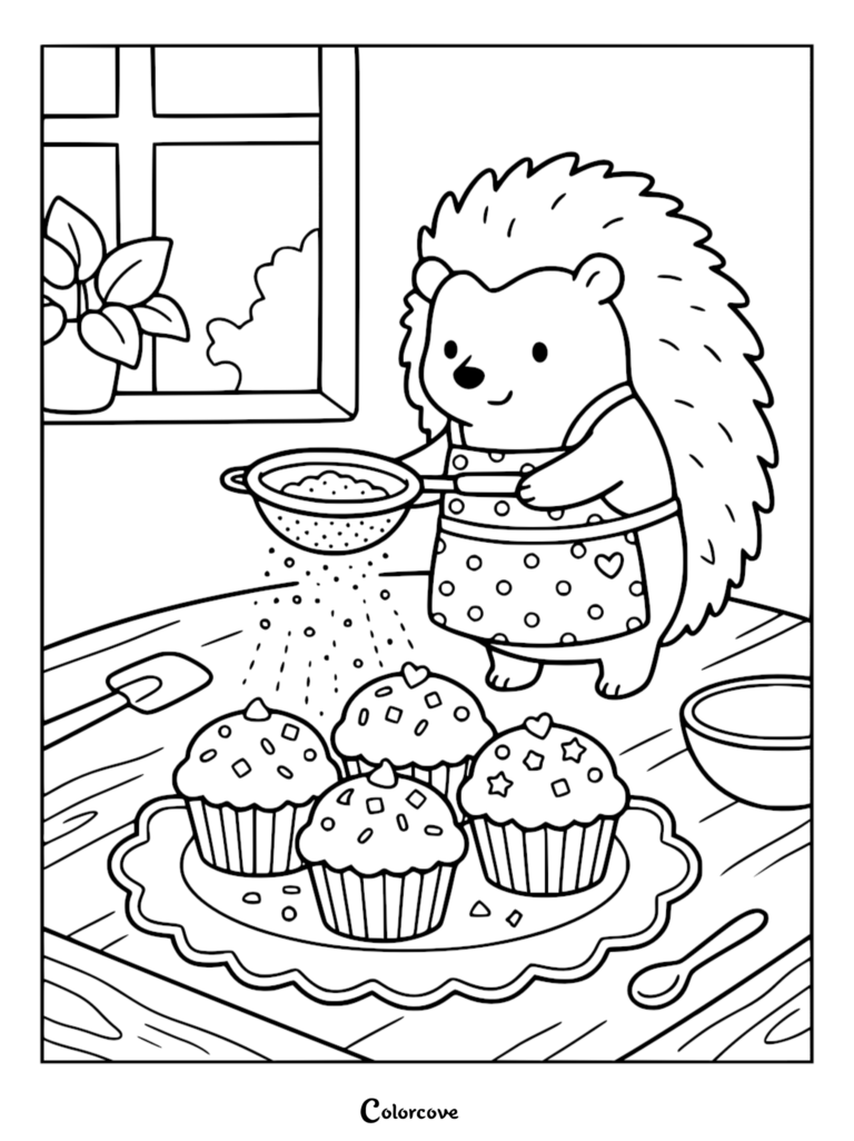 A cute hedgehog wearing a polka dot apron sifts flour over freshly baked muffins on a kitchen table in this printable coloring page.