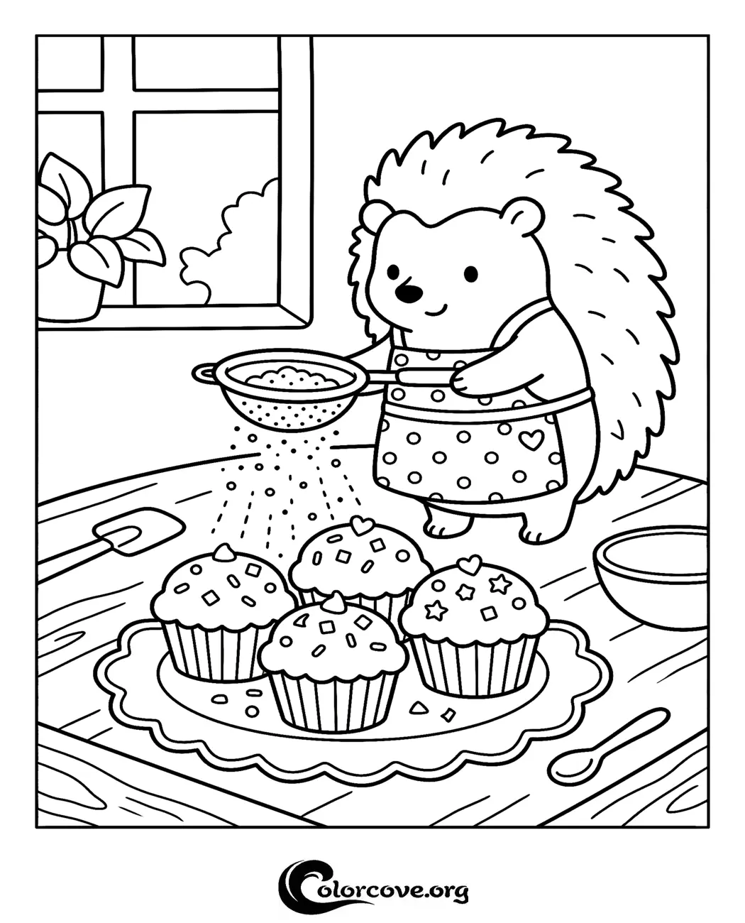 Bring this adorable scene to life with our free printable hedgehog baking coloring page. Perfect for kids who love animals, baking, and creative coloring activities.