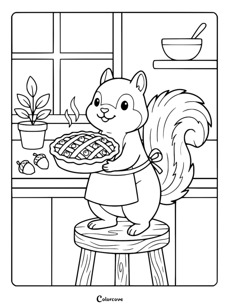 A cute squirrel wearing an apron standing on a stool holding a freshly baked pie in a kitchen coloring page.
