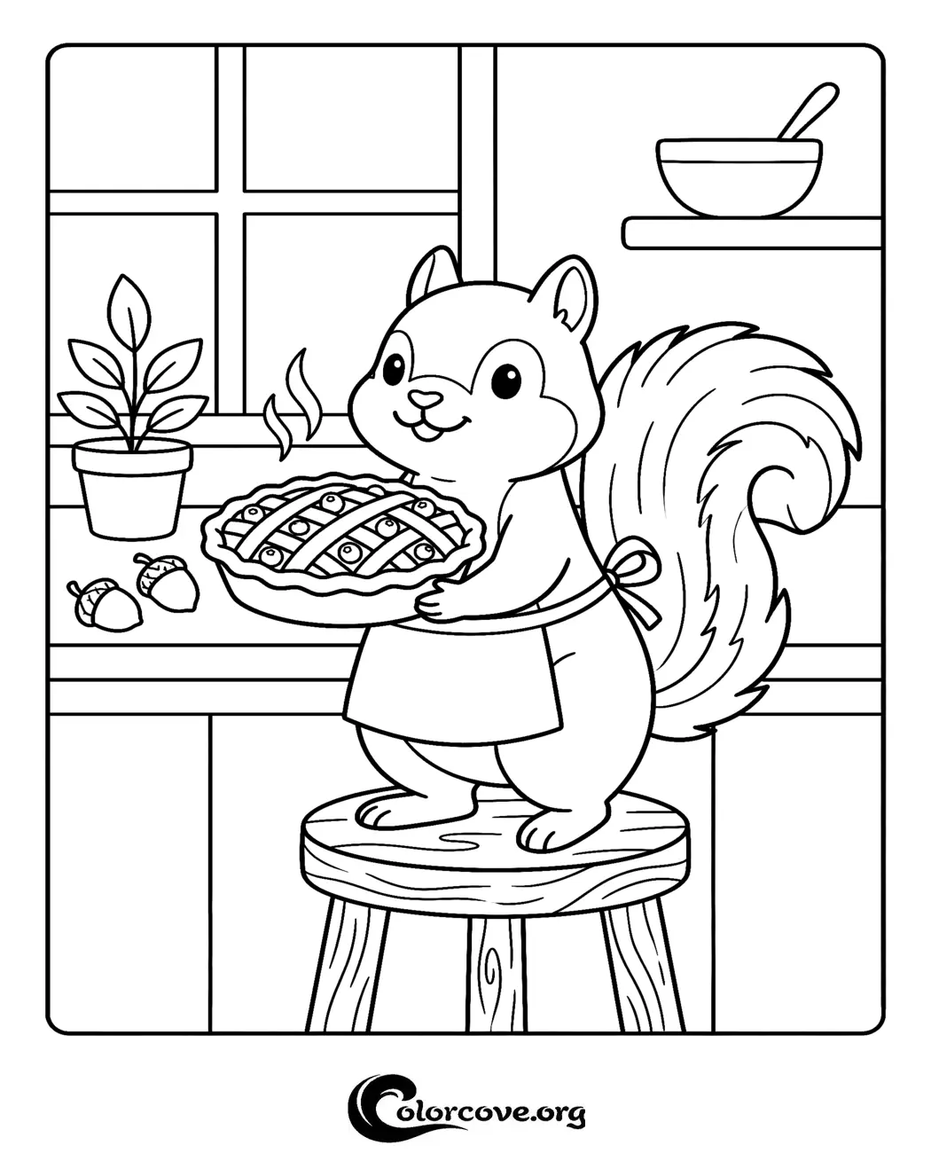 Bring this adorable scene to life with our free squirrel baking a pie coloring page. This fun and easy-to-print illustration is perfect for kids who love animals and kitchen adventures.