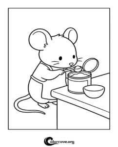 A cute cartoon mouse wearing an apron and measuring ingredients while baking, a fun animal coloring page for children.