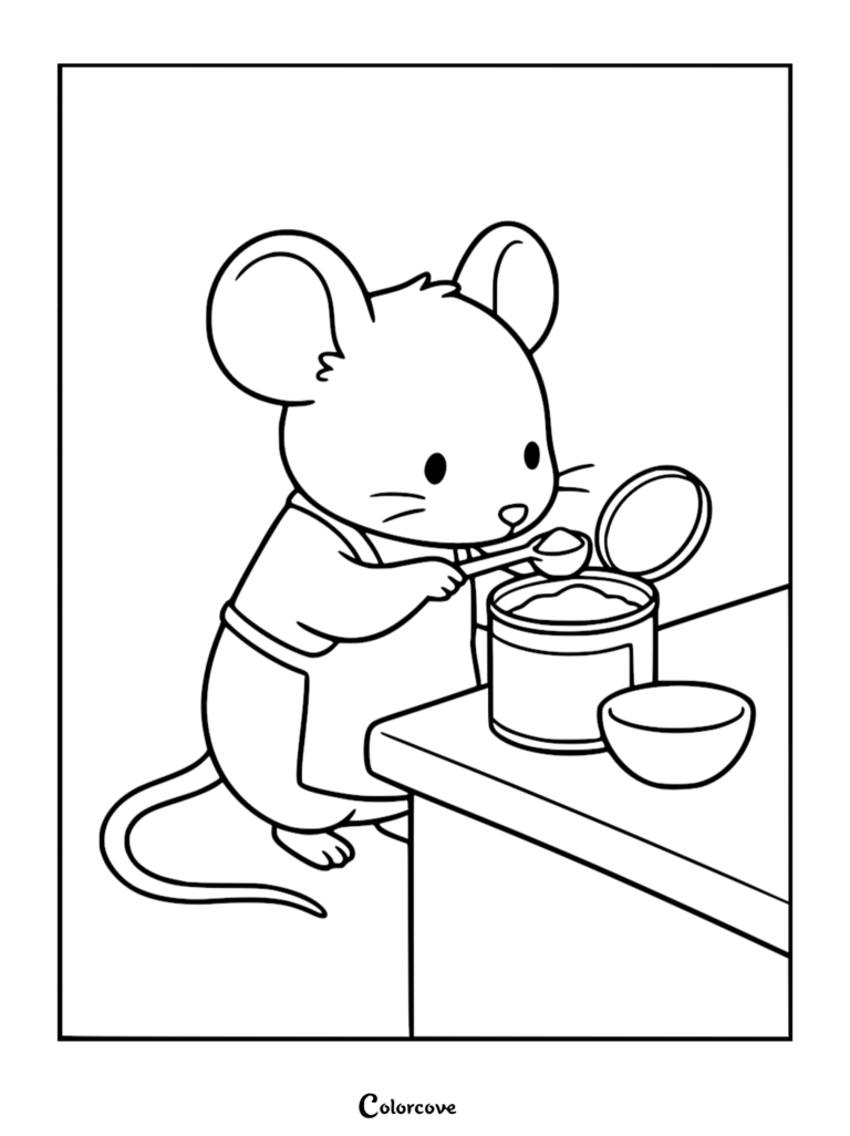 A cute mouse wearing an apron scoops ingredients from a canister in this printable cooking themed coloring page.