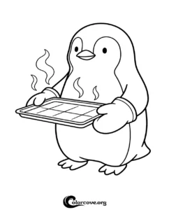 A cute penguin wearing oven mitts holding a steaming hot baking sheet, perfect for a fun printable coloring page for kids.