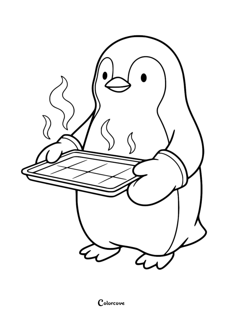 A cute penguin wearing oven mitts holding a steaming hot baking tray in this printable coloring page.