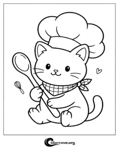 A cute cartoon cat wearing a chef hat and a bandana holding a wooden spoon for a fun cooking themed coloring page for kids