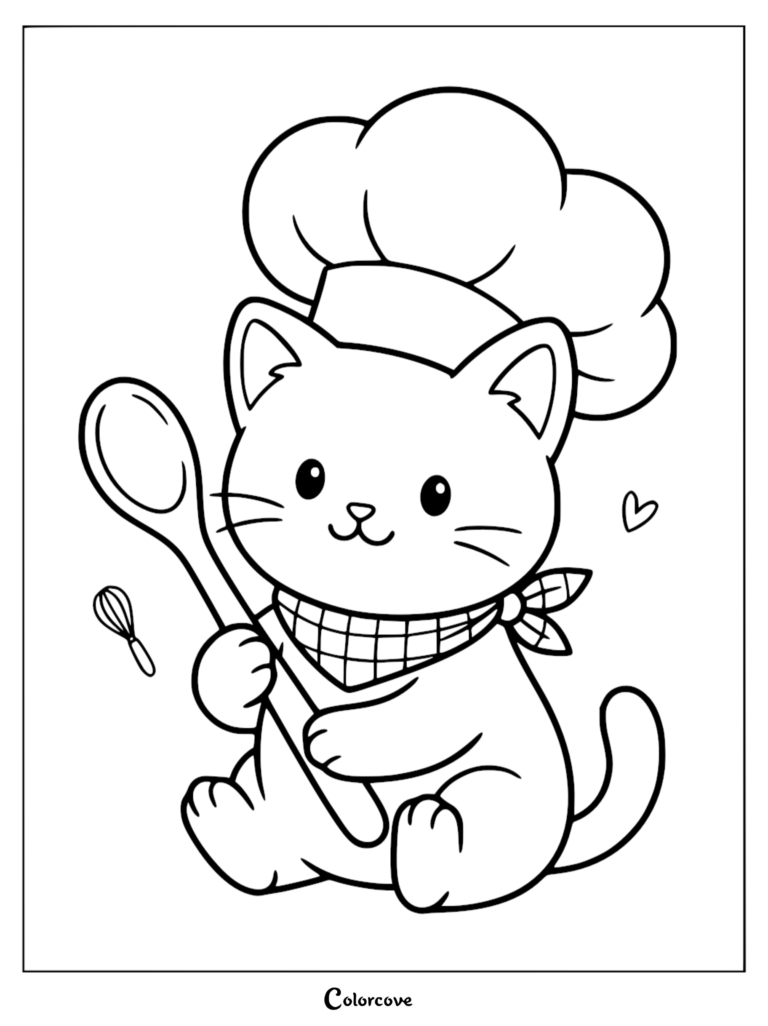 A cute cat wearing a chef hat and checkered bandana holding a wooden spoon in this printable coloring page.
