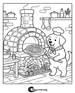 A cute cartoon dog wearing a chef hat putting a pepperoni pizza into a brick oven for kids to color.