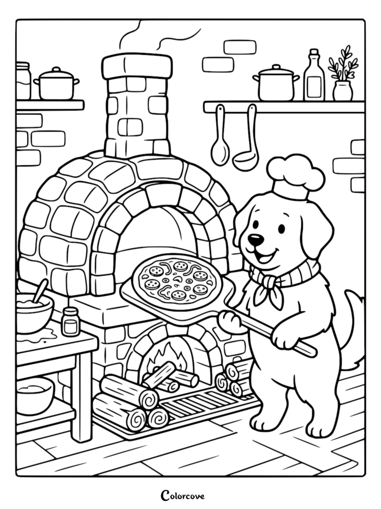 A cute puppy chef wearing a hat and scarf sliding a pepperoni pizza into a brick oven in this printable coloring page.
