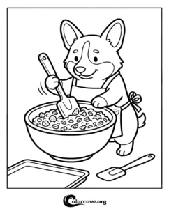 A cute Corgi dog wearing an apron and mixing cookie dough in a bowl, printable coloring page for kids