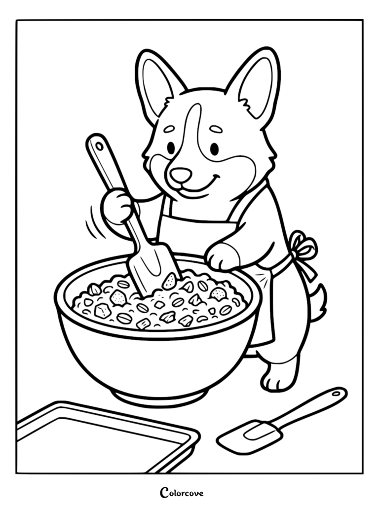 A cute corgi wearing an apron mixing ingredients in a large bowl, printable coloring page.