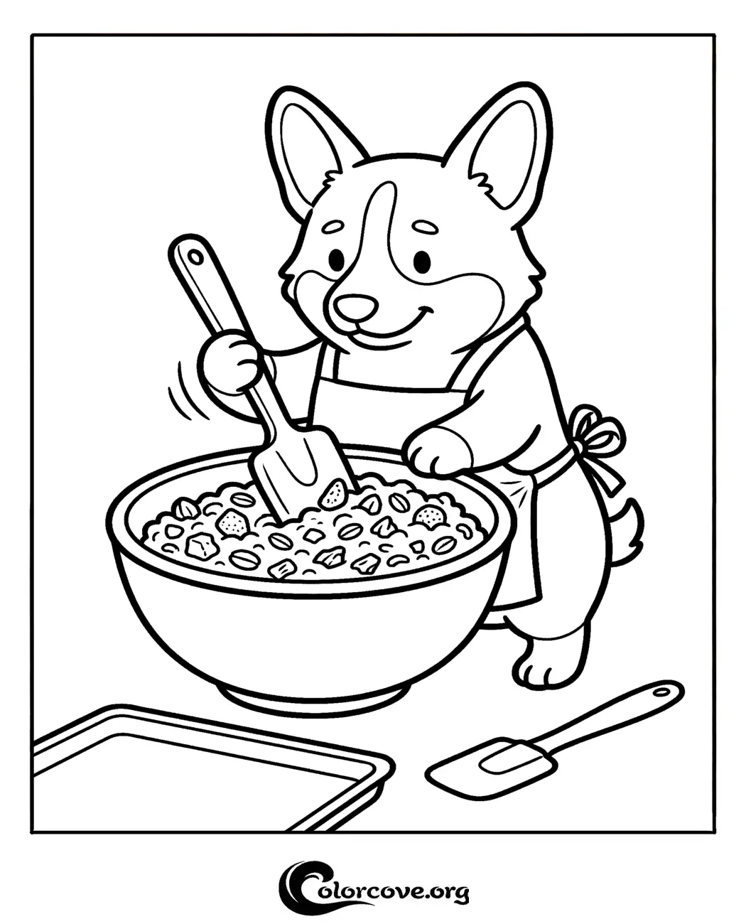 Bring this adorable scene to life with our free printable Corgi baking coloring page. Perfect for kids and dog lovers who enjoy fun baking-themed creative activities.