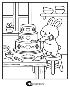 An adorable bunny standing on a stool decorating a three-tier cake with frosting in a cozy kitchen setting, perfect for kids' coloring activities.