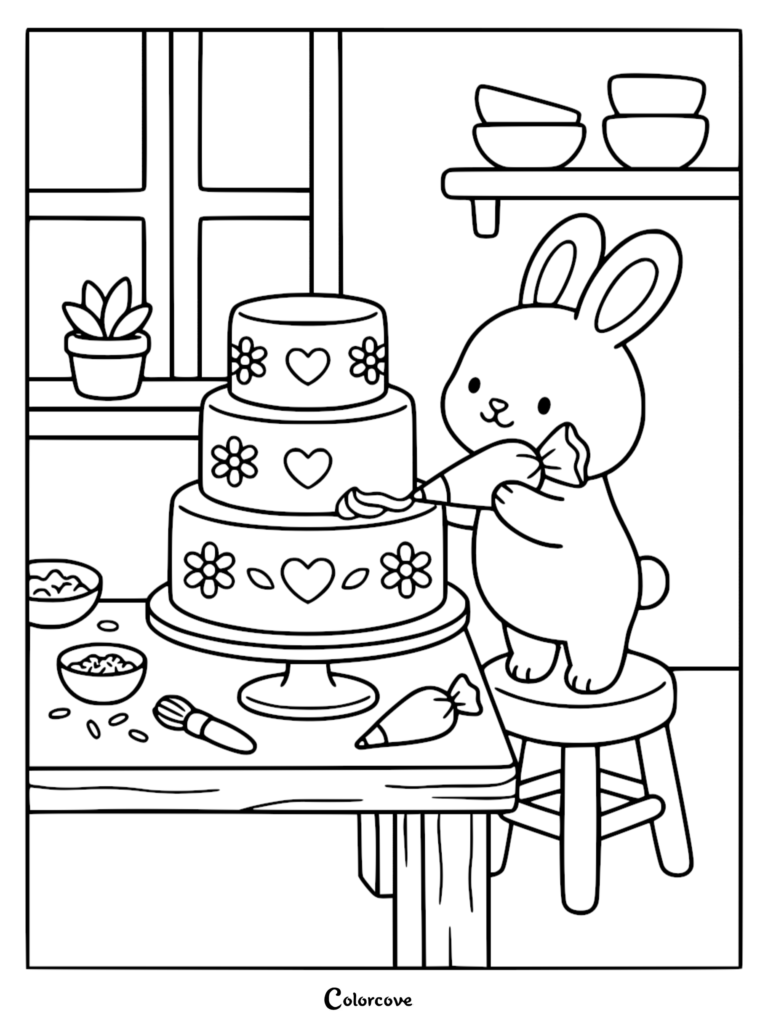 A cute bunny standing on a stool decorating a three-tiered cake with frosting in this printable coloring page.
