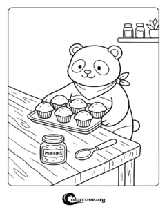 A cute panda wearing a bandana holding a tray of freshly baked muffins in a kitchen setting coloring page for kids