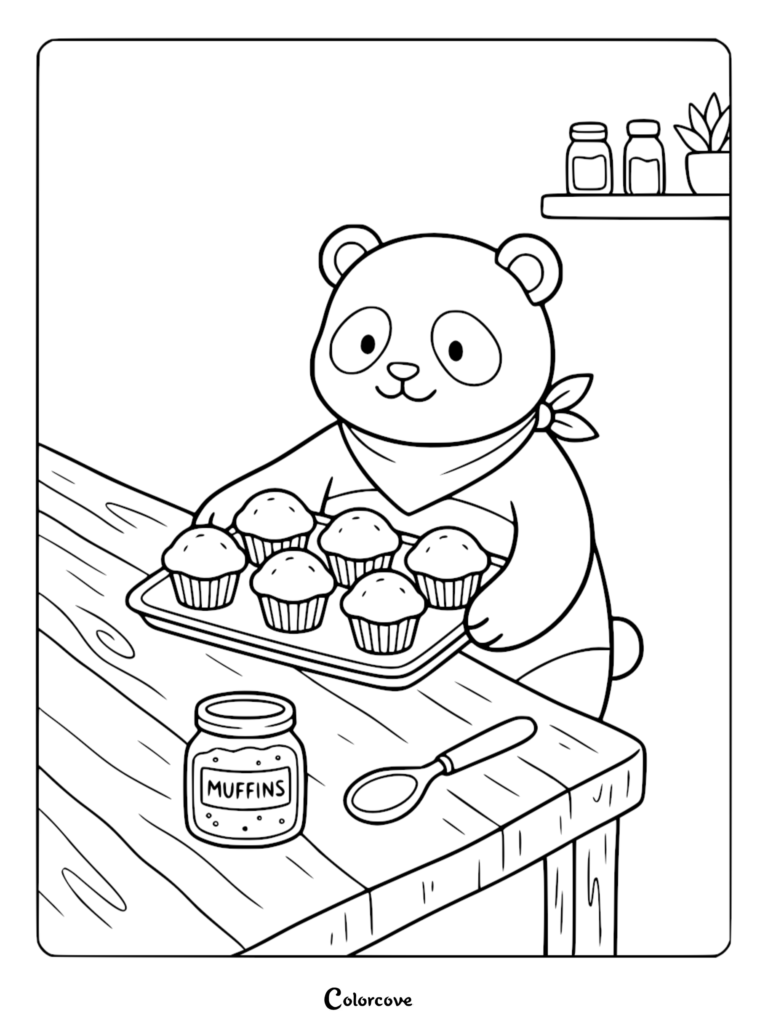 A cute panda wearing a bandana holding a tray of fresh muffins on a kitchen table in this printable coloring page.