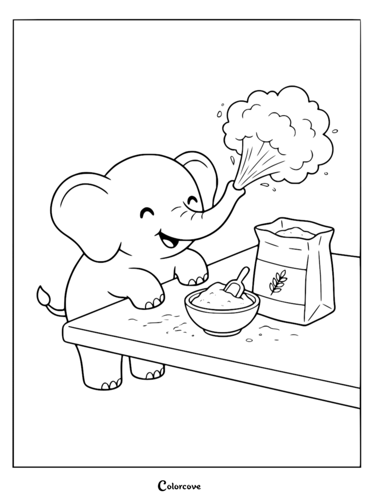 A cute elephant blowing flour into the air next to a bowl and bag of flour on a table in this printable coloring page.