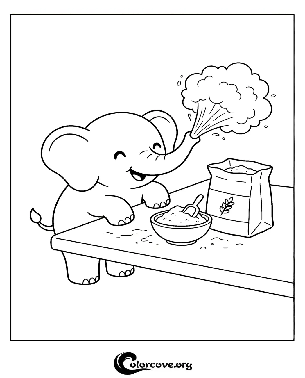 Spark your child's creativity with this adorable coloring page featuring a playful elephant baking. It is a perfect, easy-to-print activity for kids who love animals and cooking.