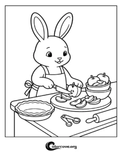 A cute bunny wearing an apron and slicing apples for a pie in a kitchen setting coloring page for kids